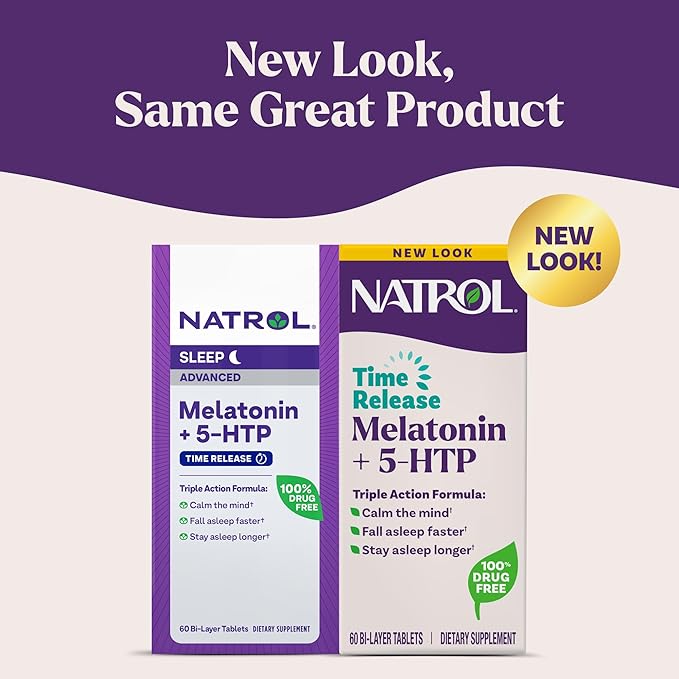 Natrol Melatonin + 5-HTP Advanced Time Release Sleep Aid, Triple Action Formula, Calm the Mind, Fall Asleep Faster and Stay Asleep Longer, 60 Bi-Layer Tablets, Up to a 60 Day Supply