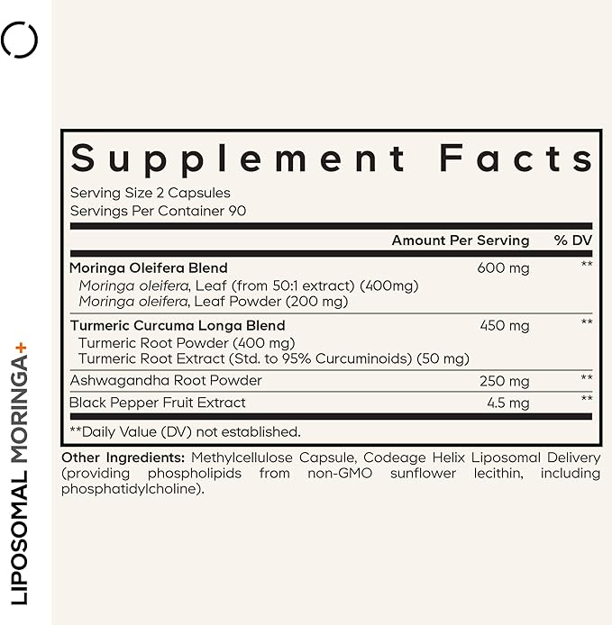 Codeage Liposomal Moringa+ Supplement, 400mg Moringa 50:1 Extract - 20,000mg Moringa Oleifera Leaf Equivalent - Turmeric, Ashwagandha, Black Pepper, 3-Month Supply, Vegan Moringa Powder - 180 Capsules
