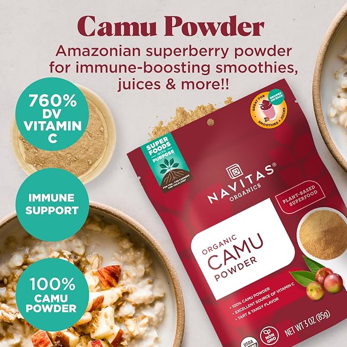 Navitas Organics Camu Powder – For Smoothies, Juices, Wellness Shots & More – Vitamin C, Antioxidants – Immune Support – USDA Organic, Non GMO, Kosher Gluten Free, Vegan (4oz. Bag, 4 Servings)