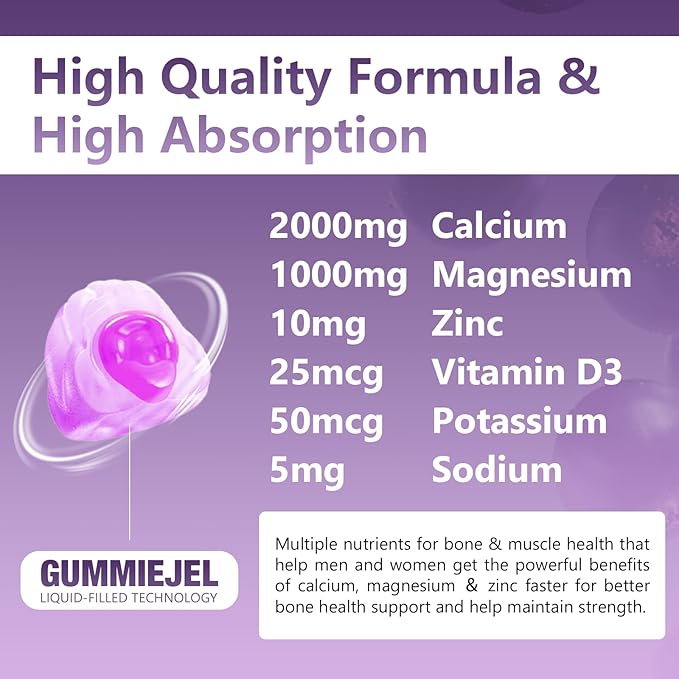 1 Pack 2000MG Calcium Magnesium Zinc Gummies with Vitamin D3 & Elderberry, Sea Moss for Bone & Tooth Strength, Muscle & Immunity, Blueberry Flavor, 60ct.