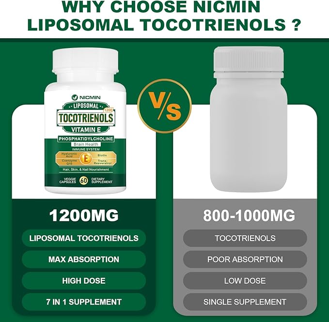 1200MG Vitamin E Tocotrienols Liposomal Tocotrienols Supplement with Phosphatidylcholine, 95% Delta-tocotrienols and 5% Gamma-tocotrienols, High Absorption for Heart, Brain Function 60 Capsules