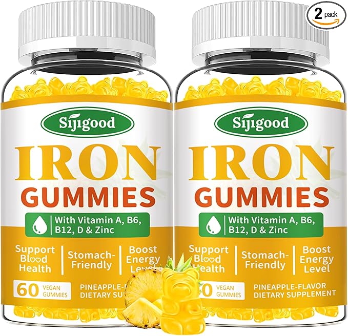 2 Pack Iron Gummies for Women & Men - Vegan Iron Supplement for Anemia & Iron Deficiency, with Vitamin B12, Vitamin C, Zinc, Folate - Energy Boost, Sugar-Free, Pineapple Flavor, 120 Count