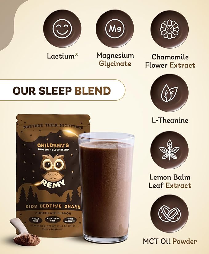 Happy Owl Remy Protein Sleep Aid Supplements for Kids, Melatonin-Free Formula, Lactium, L Theanine, Vitamin D, B6, Calcium & Herbal Extracts Sleep Aid for Kids, Balanced Nutritional Drink, Non GMO