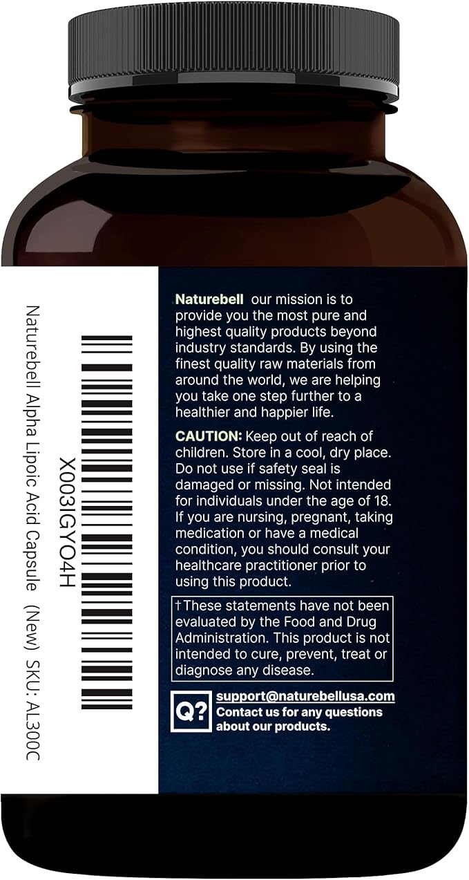 NatureBell Alpha Lipoic Acid Complex, 600mg, 300 Capsules | 4-in-1 Myelinctin Formula with R-ALA, S-ALA, Thiamine & Benfotiamine | High Absorption & Antioxidant Support | Non-GMO, Gluten-Free