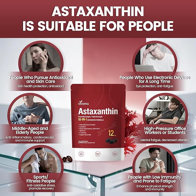 Astaxanthin 12mg, 240 Softgels, Fresh Haematococcus Pluvialis 10 in 1 Astaxanthin Antioxidant Supplements, Contains Lycopene, Grape Seed, Vitamin E, & More Supports Eye, Joints, Skin Health, 1 Bag