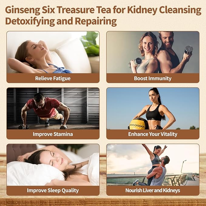 Kidney Tea Formula Ginseng Six Treasure Tea - Natural Chinese Traditional Herbal Ginseng Five Treasures Kidney Detox Cleanse Teabag For Men Women (30 Bags/1 Pack)