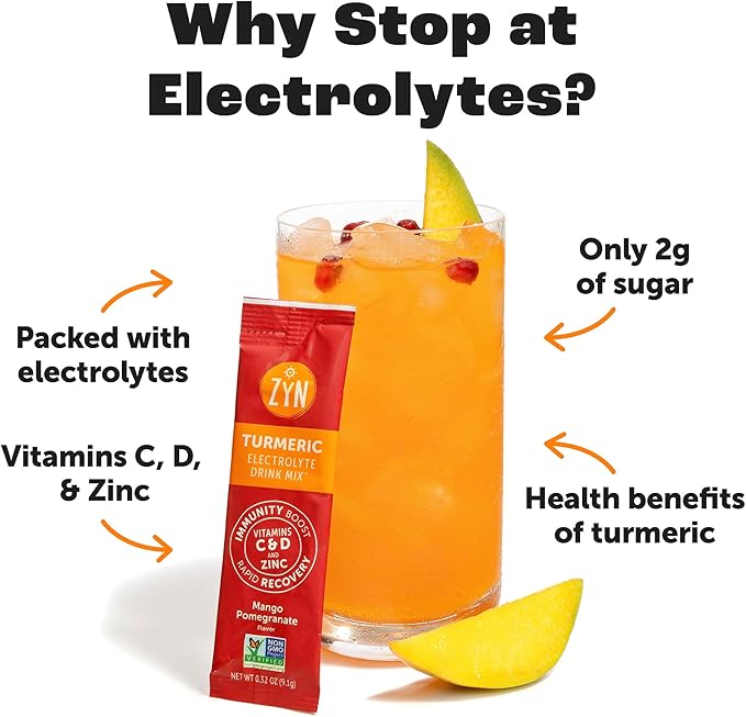 ZYN Electrolytes Powder Hydration Packets with Vitamins, Zinc & Turmeric - Low Sugar Electrolyte Drink Mix Packets with Piperine, Mango Pomegranate, 16 Pack
