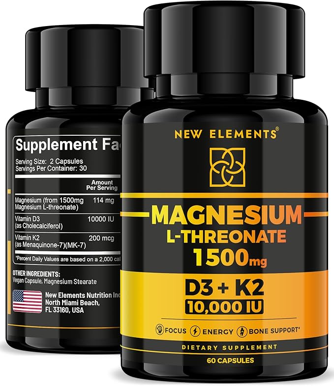 Magnesium L-Threonate 1500mg with Vitamin D3 10,000 IU & K2 MK-7 β Brain, Focus & Bone Support β 60 Vegan Capsules β High Absorption, Non-GMO