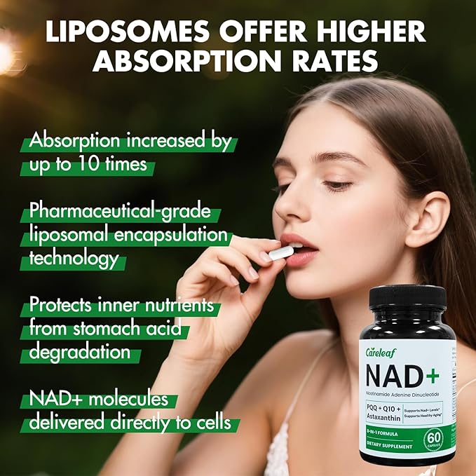 NAD+ Supplement 300mg, Liposomal NAD Boost with PQQ, Astaxanthin, Folic Acid, Vitamin E, High Purity NAD Supplement for Anti-Aging, Cell Longevity, Energy Metabolism - 60 Capsules