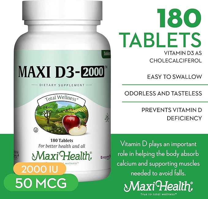 Maxi Health Kosher Vitamin D3 2000IU - Highly Absorbable Vitamin D Supplements for Healthy Immune Response, Calcium Absorption, Teeth & Bone Health - D3 Vitamin 2000 IU -180 Tablets