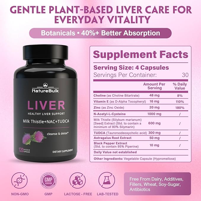 Premium Liver Support Complex - 120 Capsules with TUDCA, NAC, Milk Thistle Extract & Astragalus - Advanced Formula with Choline, Vitamin E & Zinc - 30 Day Supply
