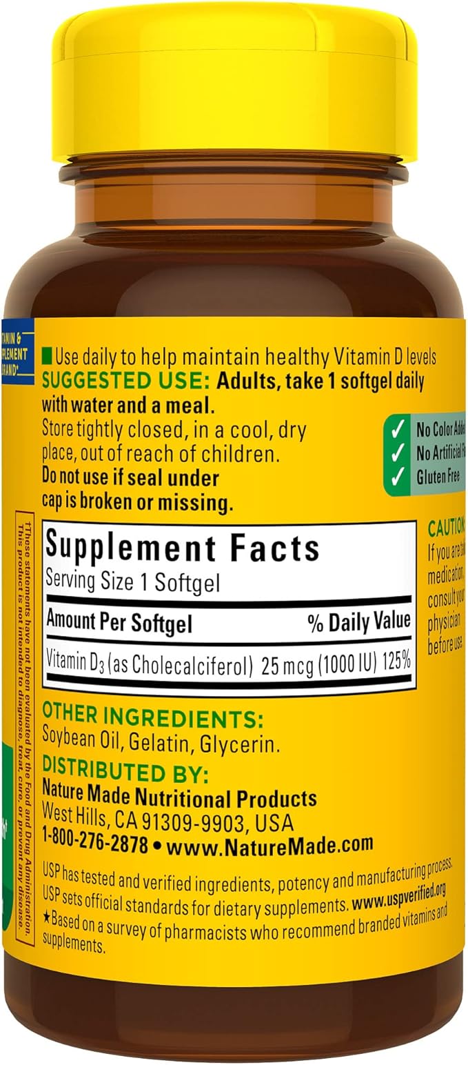 Nature Made Vitamin D3 1000 IU (25 mcg), Vitamin D Supplement for Bone, Teeth, Muscle and Immune Health Support, 100 Softgels, 100 Day Supply