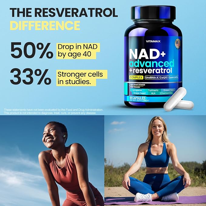 NAD+ Supplement Extra Strength - Liposomal + Resveratrol for Women & Men, CoQ10, Alpha Lipoic Acid, Green Tea, Quercetin, Urolithin A, Lycopene – High Purity Anti-Aging, Energy & Regeneration – 60ct