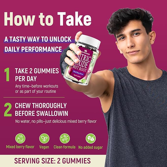 Nitric Oxide Beet Root Gummies 6000mg – Nitric Oxide Booster with Organic Beet Root, Grapeseed, Pomegranate, Vitamin C & B12 – Sugar-Free Beet Chewables Mixed Berry Flavor – 60 Gummies