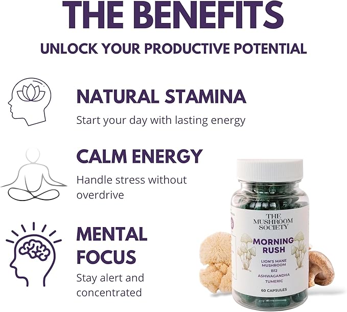 Morning Rush - Lion’s Mane, Ashwagandha, Turmeric & B12 Extract Blend Supplement - Focus & Energy Support - 60 Vegan Capsules