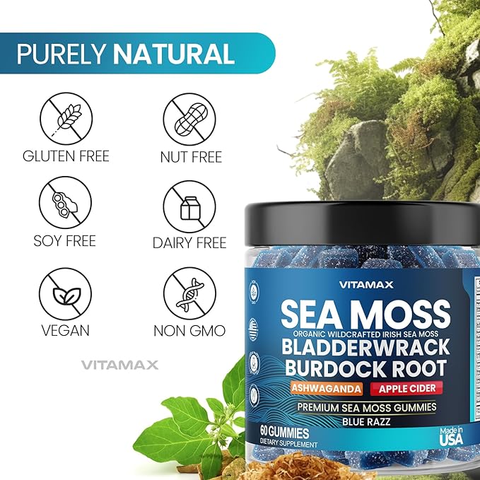 Irish Sea Moss Gummies, Sea Moss, Bladderwrack, Ashwagandha, Burdock Root, ACV - Multi-Mineral - Non-GMO and Vegan – Made in USA – 60ct