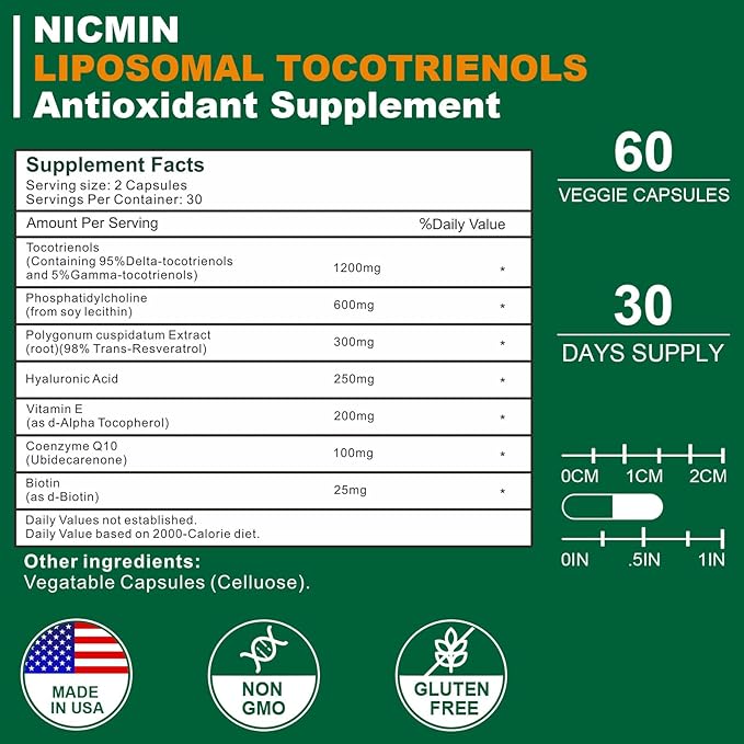 1200MG Vitamin E Tocotrienols Liposomal Tocotrienols Supplement with Phosphatidylcholine, 95% Delta-tocotrienols and 5% Gamma-tocotrienols, High Absorption for Heart, Brain Function 60 Capsules