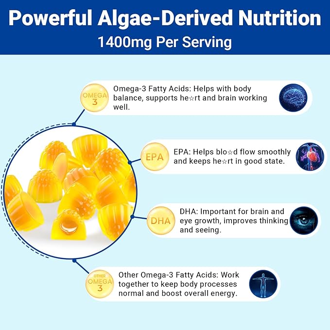 Omega 3 Gummies Vegan Fish Oil Gummies with Turmeric + CoQ10 + Vitamin C D3 K2, Fish Oil Omega 3 Supplements for Women & Men with Algae DHA & EPA for Brain & Immune Support, Sugar Free, 120 Cts
