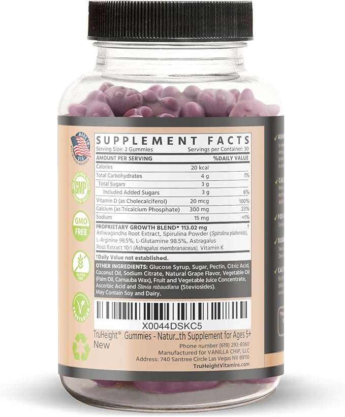 TruHeight Growth Gummies (Grape) Natural Growth & Development Supplement for Kids & Teens - Vitamin D, K, Calcium & Ashwaganda - Bone Strength Vitamins, Picky Eater Vitamin for Kids, Ages 5+ Pack of 2