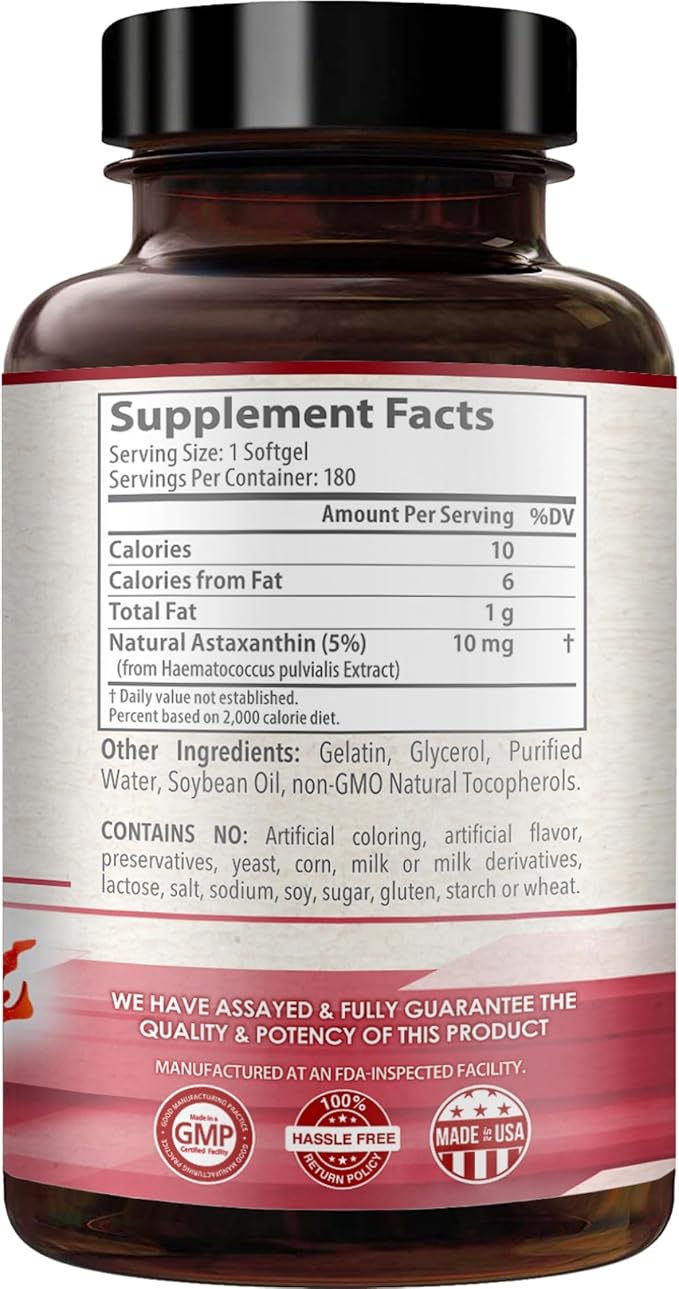 Easy Absorption Astaxanthin Supplement - 10mg Astaxanthin from Haematococcus Pluvialis Fresh Microalgae for Skin and Eye Health Support - Rich in Antioxidants and Carotenoids (180 Servings)