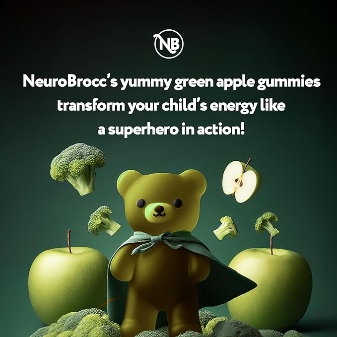 NeuroBrocc Sulforaphane Supplement Gummies - Potent Broccoli Sprout Extract Supplement - 60 Vegan Friendly Green Apple Flavored Gummies for Kids and Adults