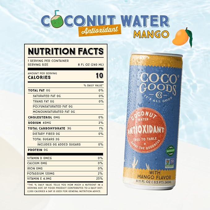 CocoGoodsCo Antioxidant Drink with Coconut Water, Mango – 35mg Natural Caffeine, 0g Sugar, Naturally Sweetened, 10 Calories, with Green Coffee & Vitamin E – 8.11 fl oz Cans (12 Pack)