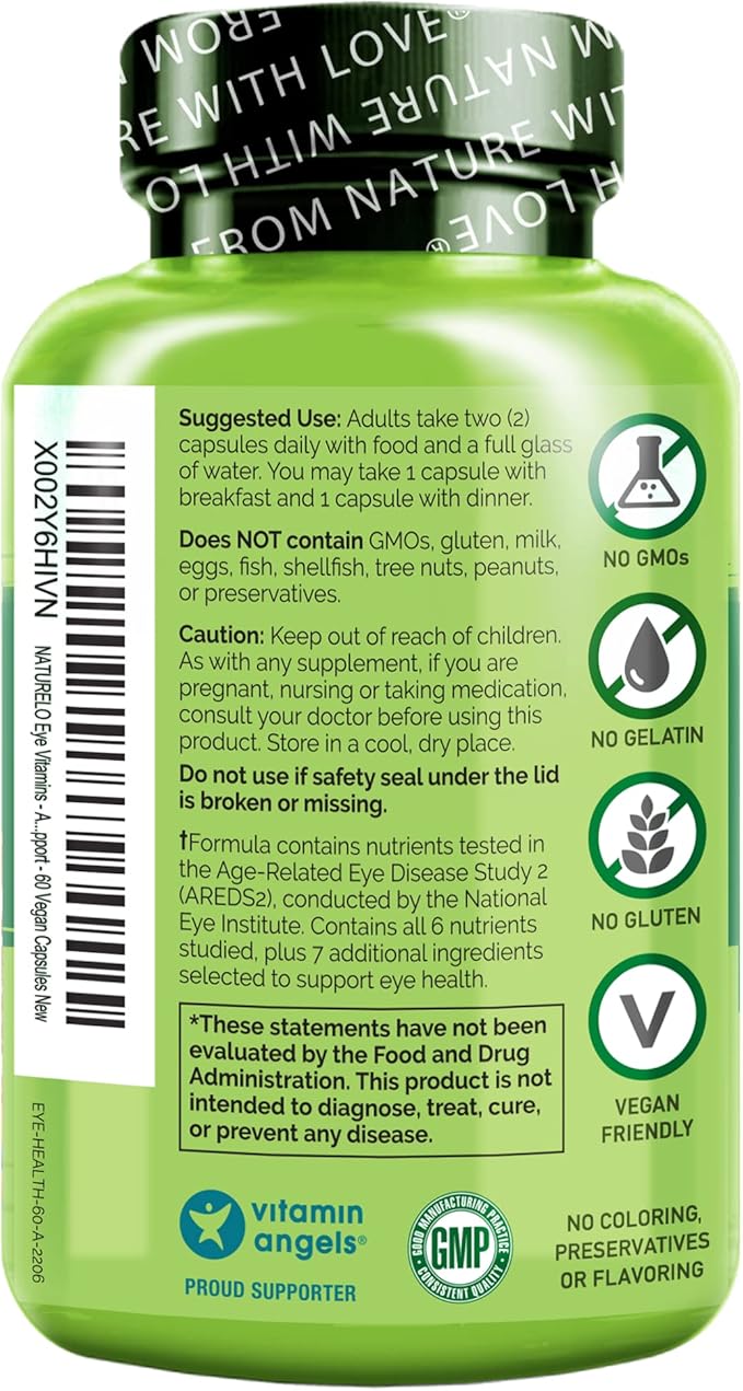 NATURELO Eye Vitamins - AREDS 2 Formula Nutrients with Lutein, Zeaxanthin, Vitamin C, E, Zinc, Plus DHA - Supplement for Dry Eyes, Healthy Vision, Eye Support - 60 Vegan Capsules