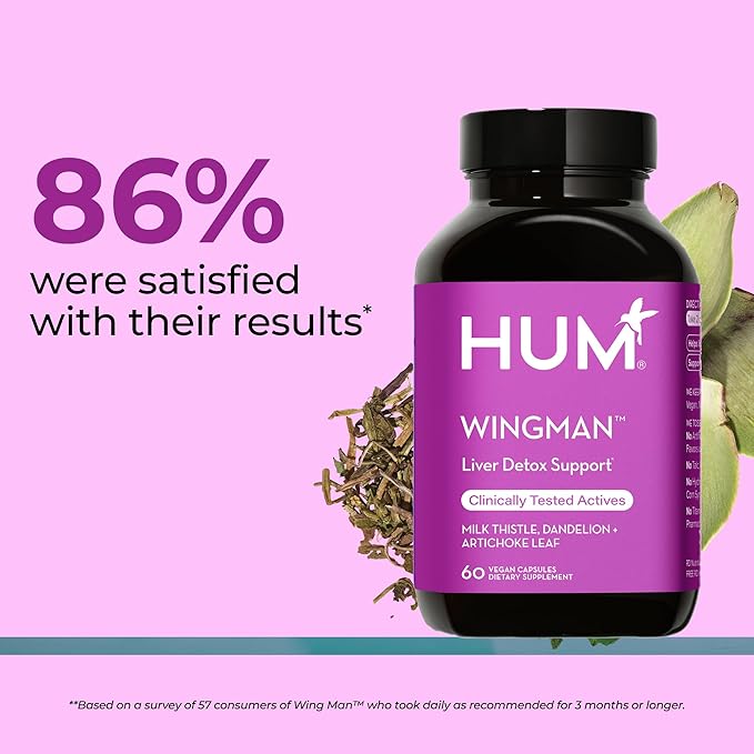 HUM Wing Man Liver Support Supplement with Milk Thistle, Dandelion Root Powder & Artichoke Leaf Extract For Liver Health & Function Support, Milk Thistle Supplement Helps Flush Out Toxins, 60 Capsules