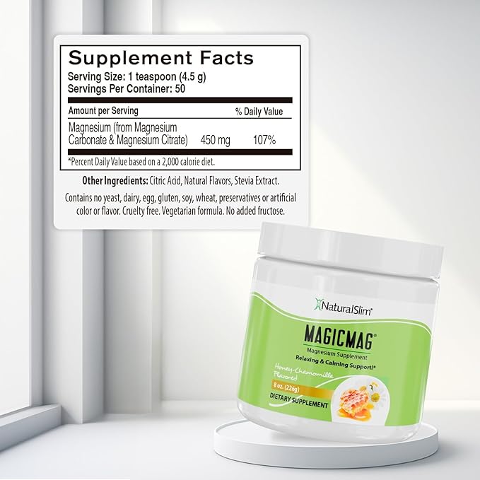 NaturalSlim Magicmag Pure Magnesium Citrate Powder Stress, Constipation, Muscle, Heart Health, and Sleep Support | Honey Chamomile Magnesium Supplement - 8oz Drink Mix (Solo)
