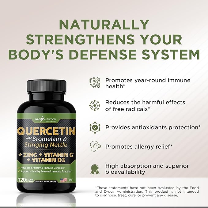 Gade Nutrition Quercetin with Vitamin C, Zinc & Stinging Nettle - Nettle Quercetin - Quercetin 500mg - Quercetin with Bromelain - Zinc Quercetin + Vitamin D3-360 Veggie Caps - 6 Month Supply