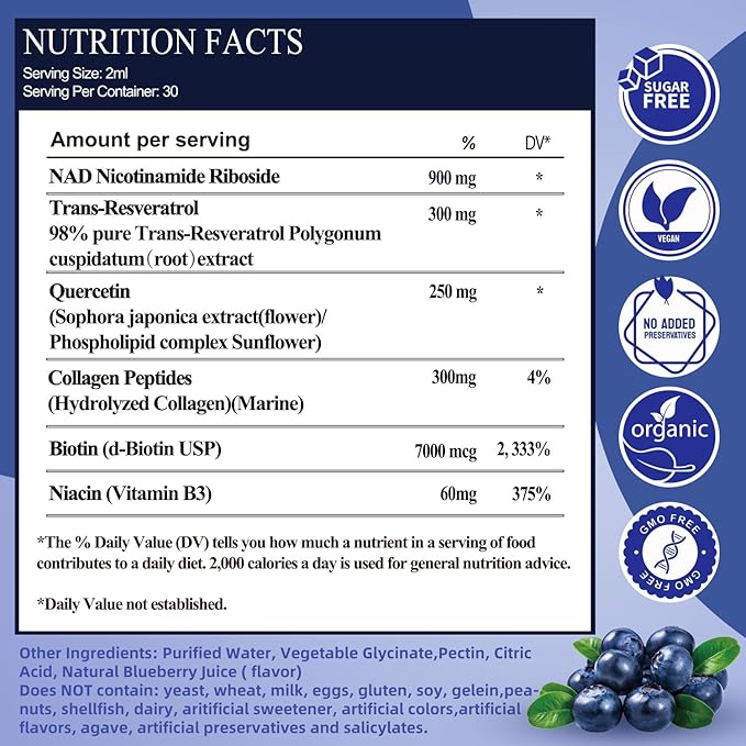 NAD Supplements for Women & Men, NAD Nicotinamide Riboside Resveratrol 900mg & Quercetin, Niacin, Collagen, Biotin, Liquid NAD Plus Supplement NR900 For Anti-Aging Skin Energy Longevity Focus Brain