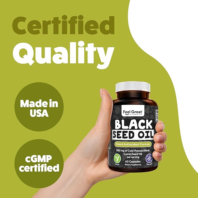 Feel Great Vitamins Black Seed Oil Softgels – Cold-Pressed Nigella Sativa with Vitamin E – 500mg – 60 Vegan Capsules – Non-GMO, Made in USA