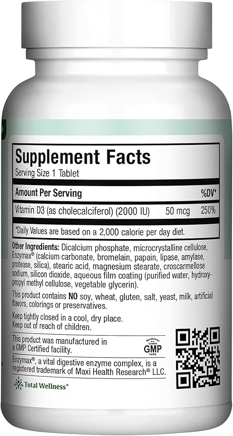 Maxi Health Kosher Vitamin D3 2000IU - Highly Absorbable Vitamin D Supplements for Healthy Immune Response, Calcium Absorption, Teeth & Bone Health - D3 Vitamin 2000 IU -180 Tablets