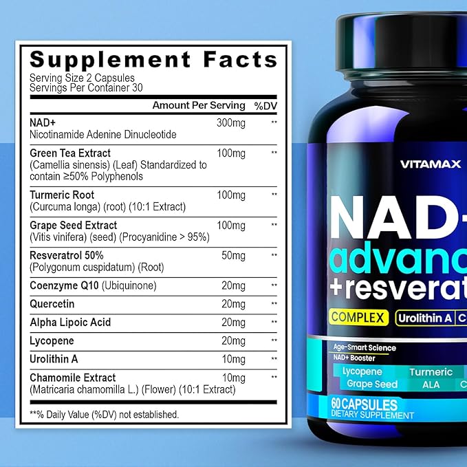 NAD+ Supplement Extra Strength - Liposomal + Resveratrol for Women & Men, CoQ10, Alpha Lipoic Acid, Green Tea, Quercetin, Urolithin A, Lycopene – High Purity Anti-Aging, Energy & Regeneration – 60ct