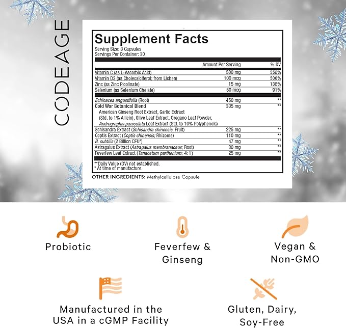 Codeage Clearhead Echinacea+ Supplement - Echinacea, Schisandra, Feverfew, Coptis, American Ginseng, Astragalus, Garlic, Probiotics, Vitamins C & D3, Zinc, Selenium - Clear Head Vitamin - 90 Capsules