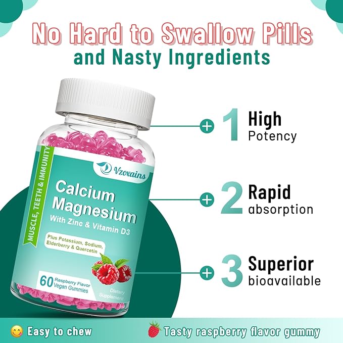 High Absorption Calcium Gummies, Calcium Magnesium Zinc with Magnesium Glycinate, Potassium, Vitamin D3 for Women & Men - Raspberry Flavored 120 Cts