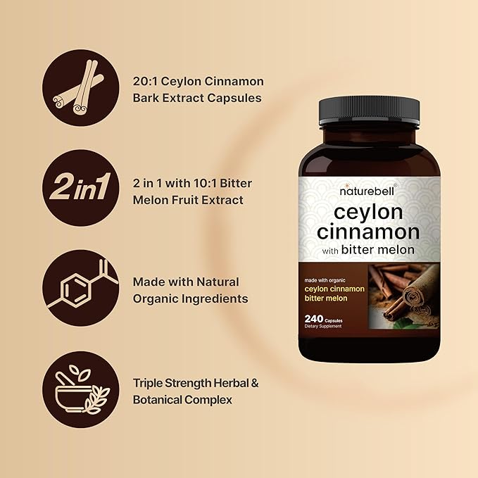 NatureBell Ceylon Cinnamon Per Serving, 240 Capsules | Made with Organic Sri Lanka Ceylon Cinnamon and Organic Bitter Melon, 2 in 1 Support – Non-GMO, No Gluten