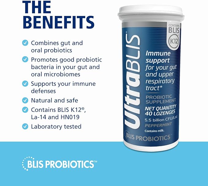 BLIS UltraBLIS Probiotic Immune Support Supplement-Powerful Combination of Gut & Oral Probiotics for Daily Immunity Support, Scientifically Tested Bacterial Strains Includes K12. 40 Lozenges.