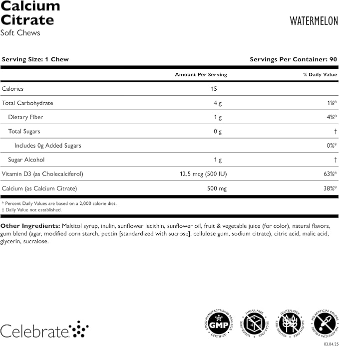 Celebrate Vitamins Bariatric 500mg Calcium Citrate Soft Chews with 500 IU Vitamin D3 – Essential for Gastric Bypass Patients & Bone Health - Sugar & Gluten Free, Melon (90 Chews)