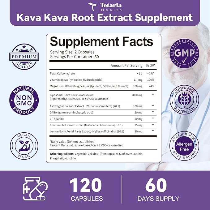 Kava Kava Root Extract 1000mg with Magnesium - 50% Kavalactones, L Theanine, Ashwagandha Herbal Blend for Balanced Mood, Relax Calming, Sleep, Mood, Cognitive & Immune Support - 120 Veg Capsules