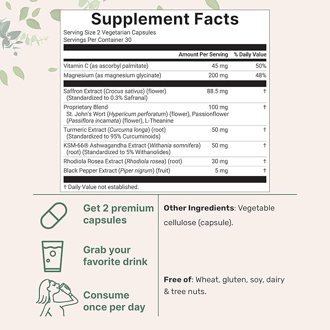 Micro Ingredients Saffron+ Advanced, 60 Veggie Capsules | 10-in-1 Formula with High Absorption Fat-Soluble Vitamin C, Magnesium, Turmeric & Ashwagandha | Mood & Energy Support | Filler Free