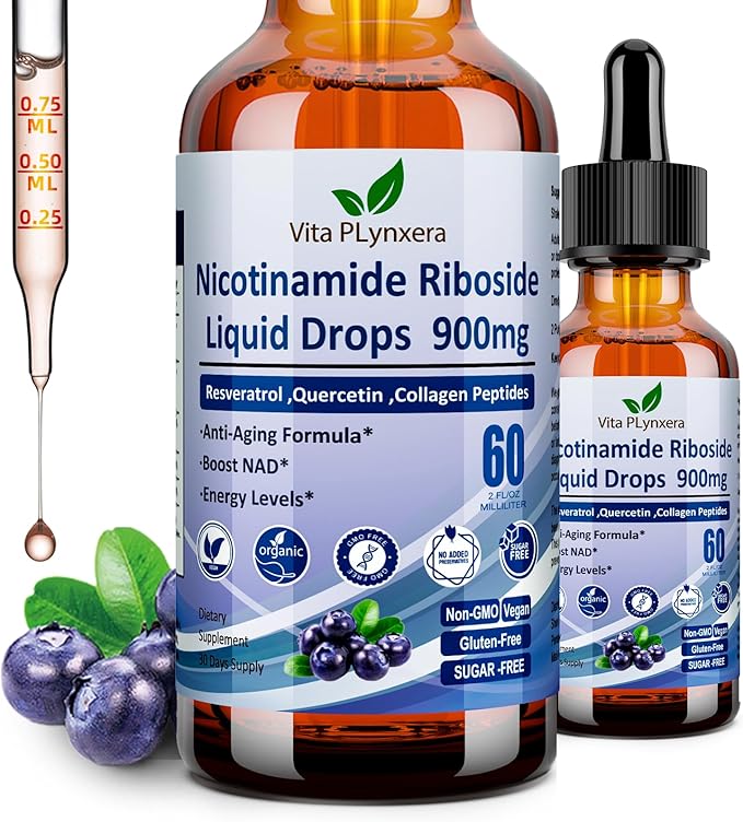 NAD Supplements for Women & Men, NAD Nicotinamide Riboside Resveratrol 900mg & Quercetin, Niacin, Collagen, Biotin, Liquid NAD Plus Supplement NR900 For Anti-Aging Skin Energy Longevity Focus Brain