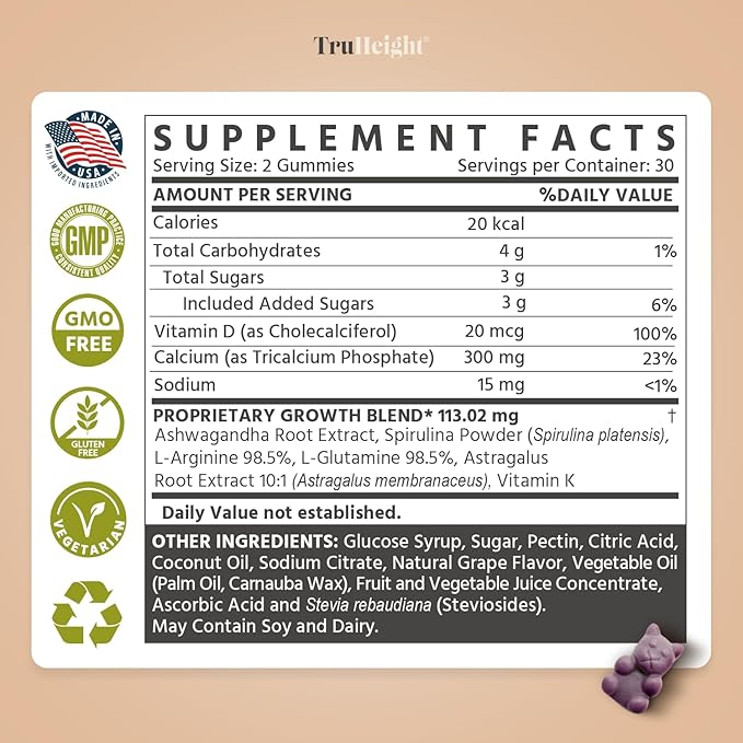 TruHeight Growth Gummies (Grape) Natural Growth & Development Supplement for Kids & Teens - Vitamin D, K, Calcium & Ashwaganda - Bone Strength Vitamins, Picky Eater Vitamin for Kids, Ages 5+ Pack of 2