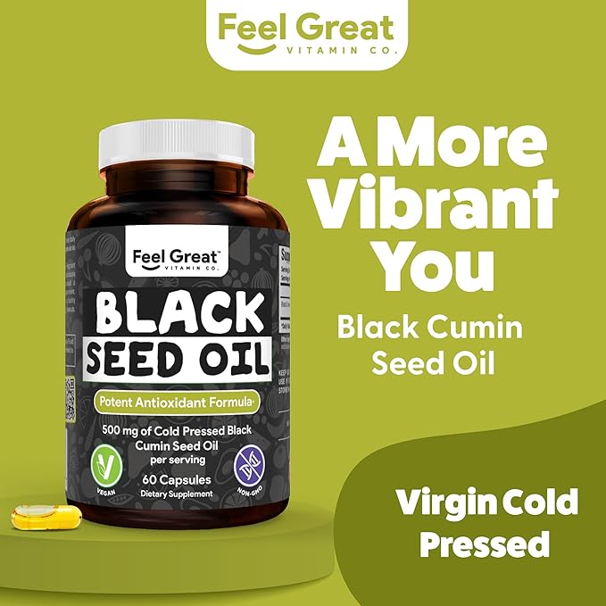 Feel Great Vitamins Black Seed Oil Softgels – Cold-Pressed Nigella Sativa with Vitamin E – 500mg – 60 Vegan Capsules – Non-GMO, Made in USA