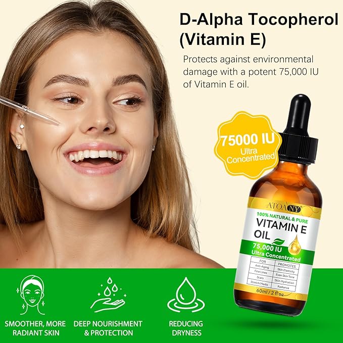 Vitamin E Oil for Skin, Scars and Face, Pure Vitamin E Oil 75,000 IU, Reduce Scars, Fine Lines, Moisturize and Radiant Skin for Whole Body, 2 Fl Oz