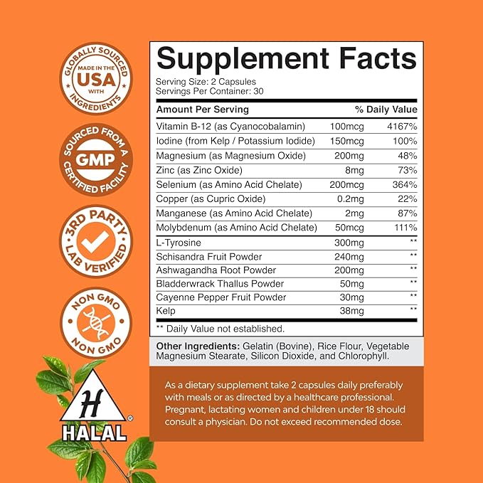 Herbal Thyroid Support Complex - Potent Kelp Iodine Supplement with L Tyrosine, Bladderwrack, Selenium & Pure Ashwagandha for Hormone Balance - Mood & Energy Dietary Pills - 60 Capsules