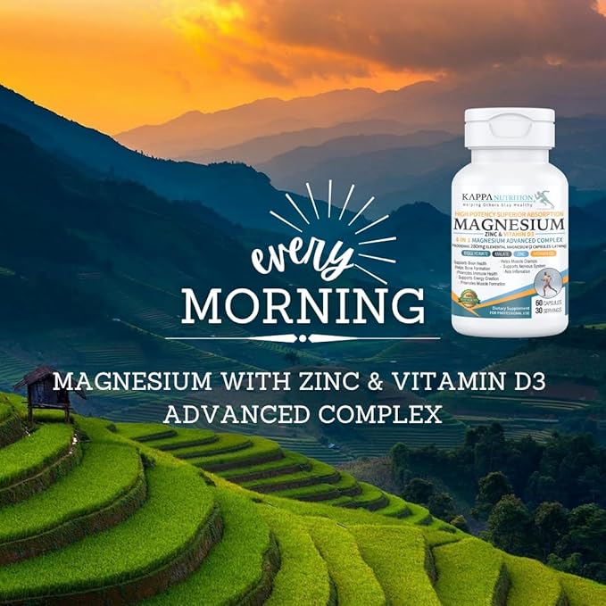 Kappa Nutrition Magnesium 4-in-1, 280mg Elemental Magnesium (Bisglycinate, Malate) + Zinc & Vitamin D3, Brain, Sleep, Energy, Muscle, Immune Support, 60 Vegan Capsules.