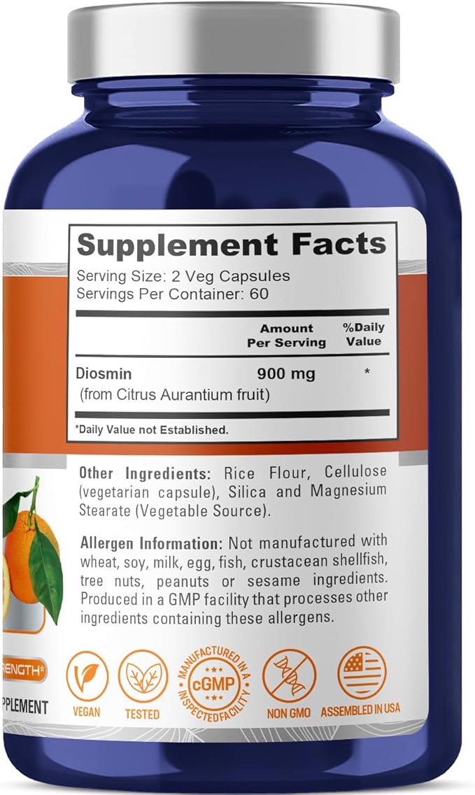 NusaPure Diosmin 900mg per Serving 120 Veggie Caps (Non-GMO, Vegan)