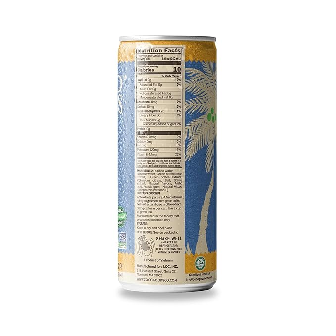 CocoGoodsCo Antioxidant Drink with Coconut Water, Mango – 35mg Natural Caffeine, 0g Sugar, Naturally Sweetened, 10 Calories, with Green Coffee & Vitamin E – 8.11 fl oz Cans (12 Pack)