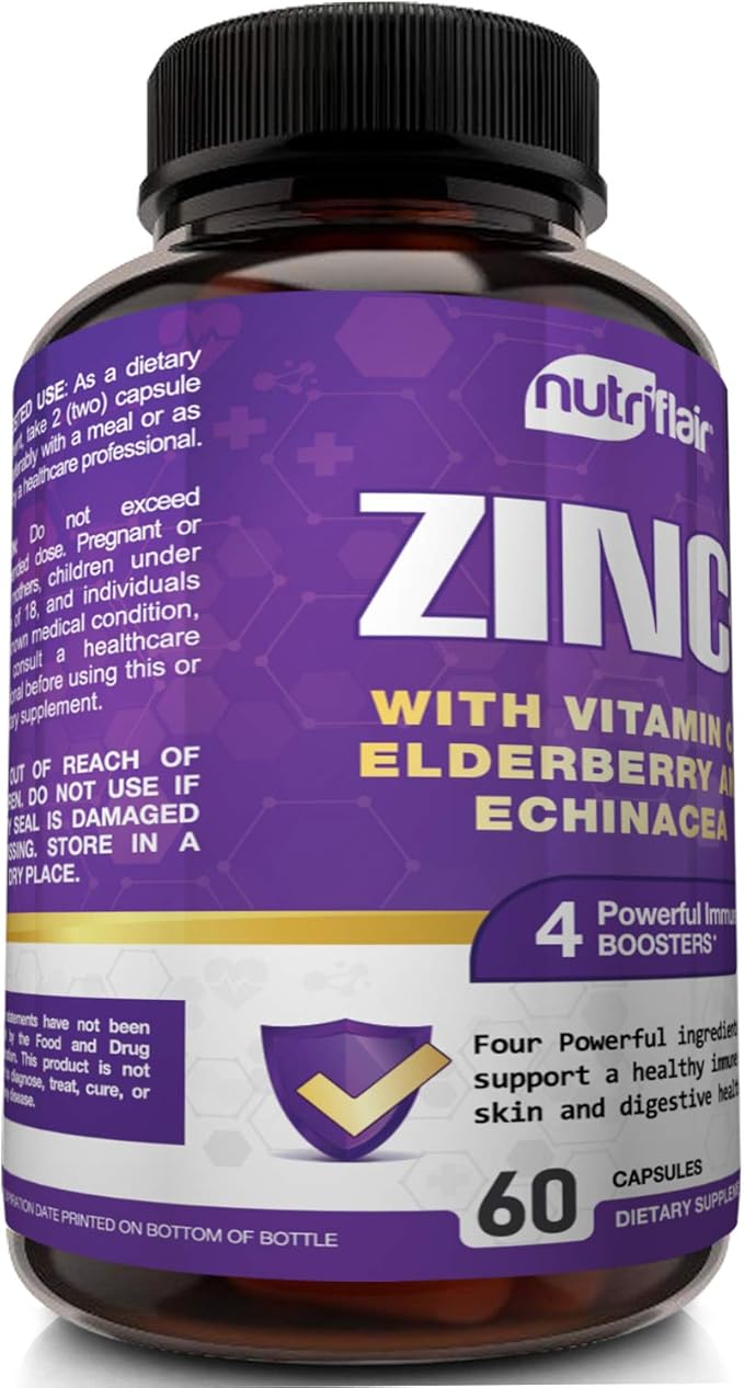 NutriFlair Zinc 50mg - with Vitamin C, Elderberry, Echinacea Purpurea Extract, Zinc Oxide - Compare with picolinate, Citrate, Oxide - Complete Immune Support Formula Pills with 4 Immune Defense